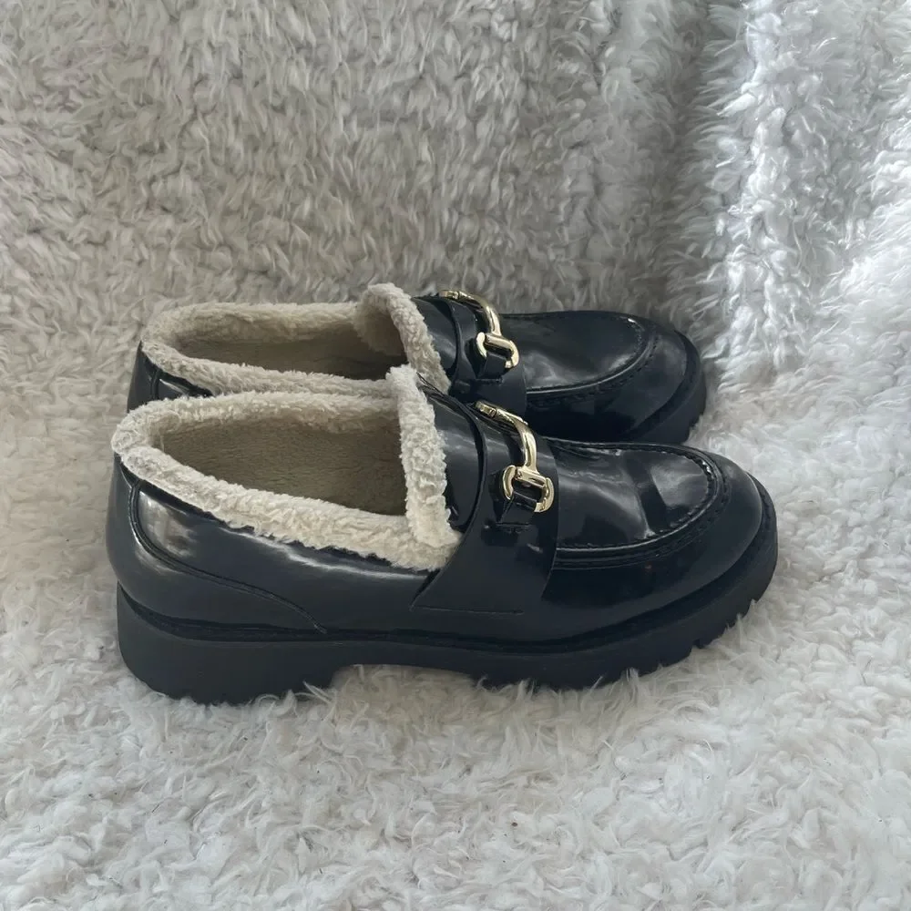 Steve Madden synthetic black Patent Chunky lug loafers bit buckle accent SZ11M